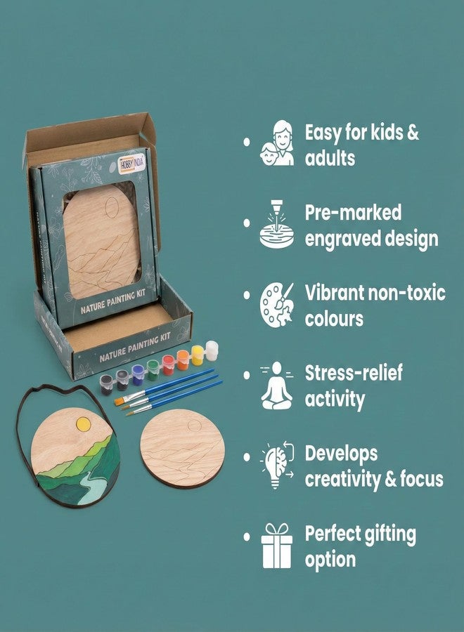 HOBBY INDIA Wooden Painting Kit Set for Kids & Adults | DIY Wall Decor Art & Craft | Round Tree Circle Coaster | Home & Office Hanging Decoration | Birthday Gift for Girls & Boys (Coastal Mountains) - Image 2